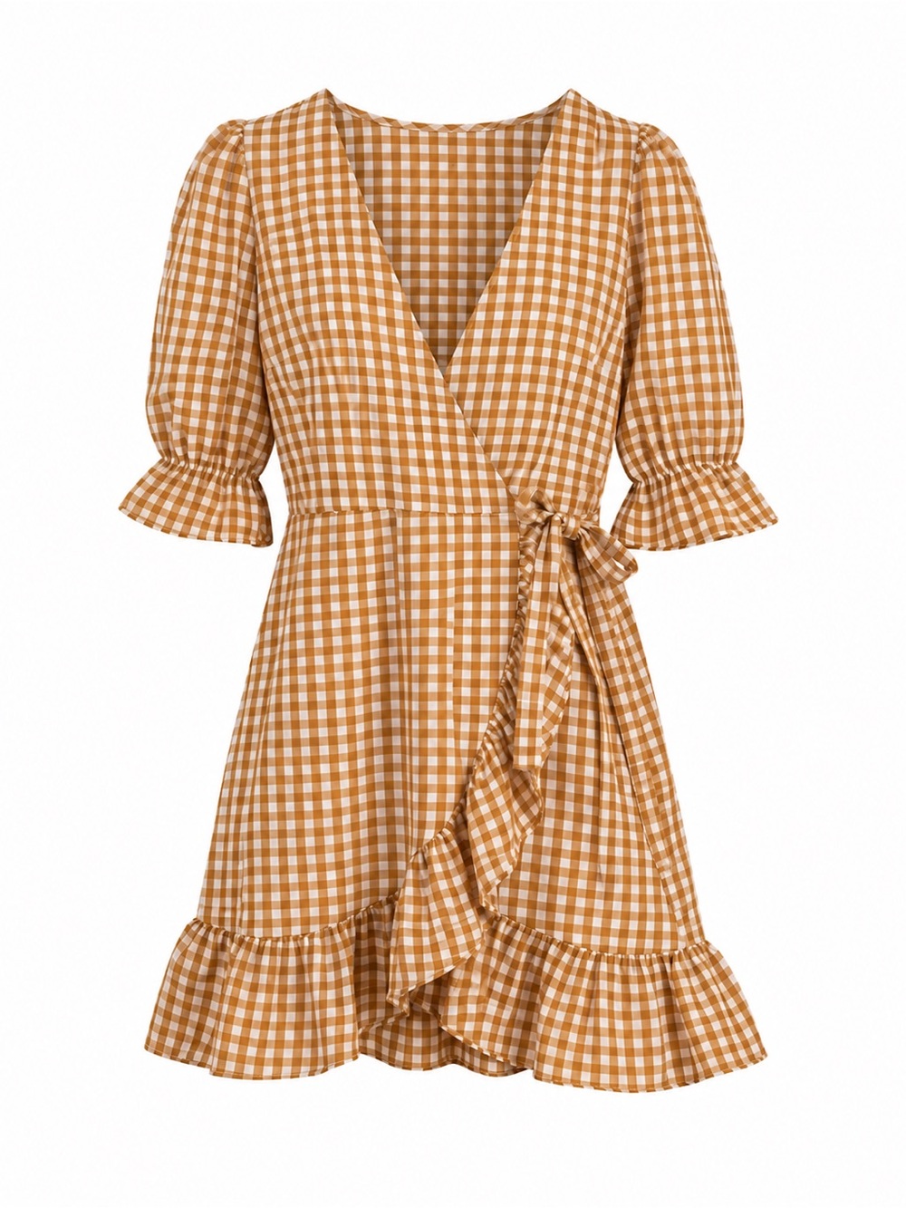 Petal & Pup Mustard Gingham Wrap Mini Dress
